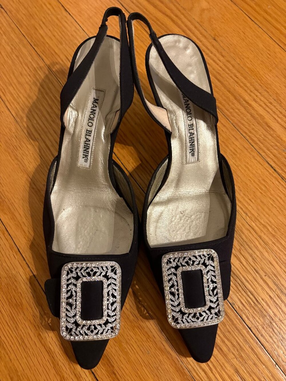 Manolo Blahnik Hangisli Black Satin Crystal Buckle Slingbacks EU 37